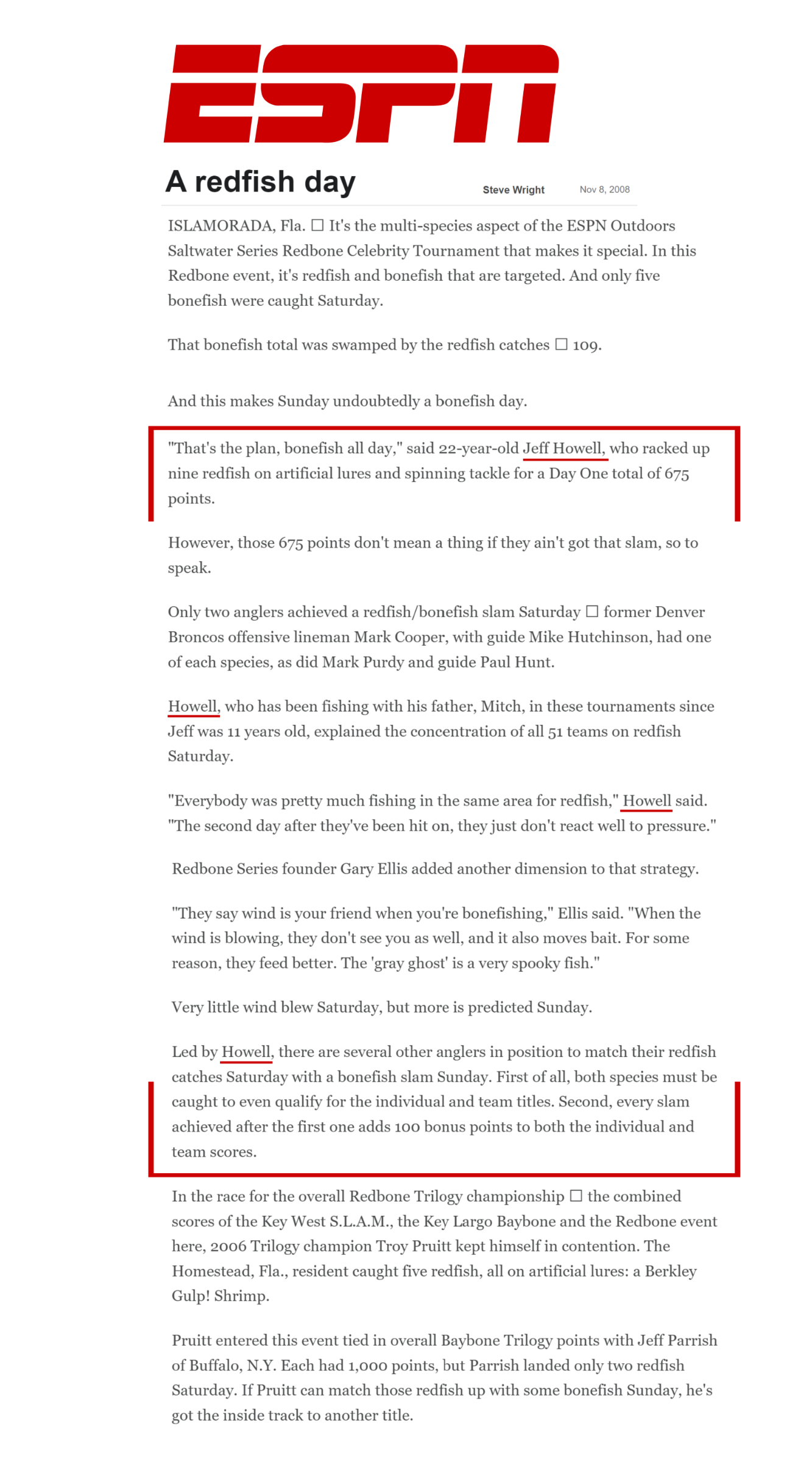 ESPN clipping: A redfish day, by Steve Wright, Nov. 8, 2008